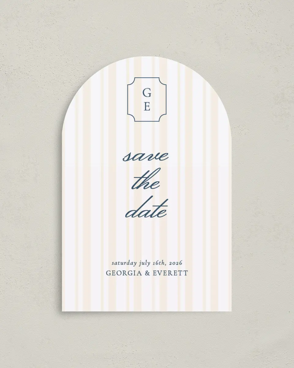 This is a 4" x 6" Arch Save the Dates (Petite) called The Georgia printed in full color on Luxe Satin paper