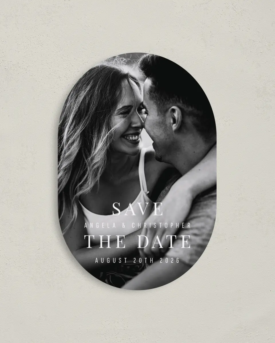 This is a 4" x 6" Oval Save the Dates (Petite) called Lovely Memory printed in full color with Silver foil on Luxe Satin paper