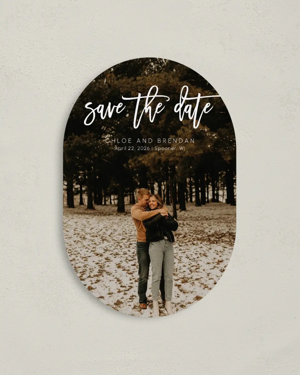 This is a 4" x 6" Oval Save the Dates (Petite) called Daring Script printed in full color on Luxe Satin paper