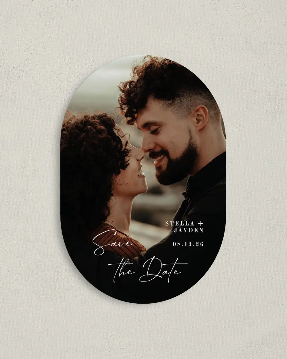 This is a 4" x 6" Oval Save the Dates (Petite) called Delicate Treasure printed in full color on Luxe Satin paper