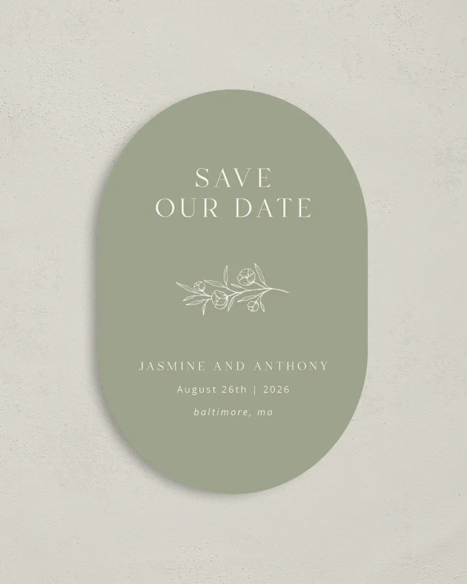 This is a 4" x 6" Oval Save the Dates (Petite) called The Jasmine printed in full color on Luxe Satin paper