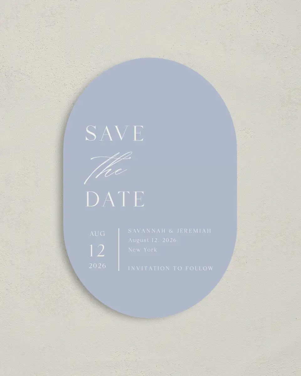 This is a 4" x 6" Oval Save the Dates (Petite) called The Savannah printed in full color on Luxe Satin paper