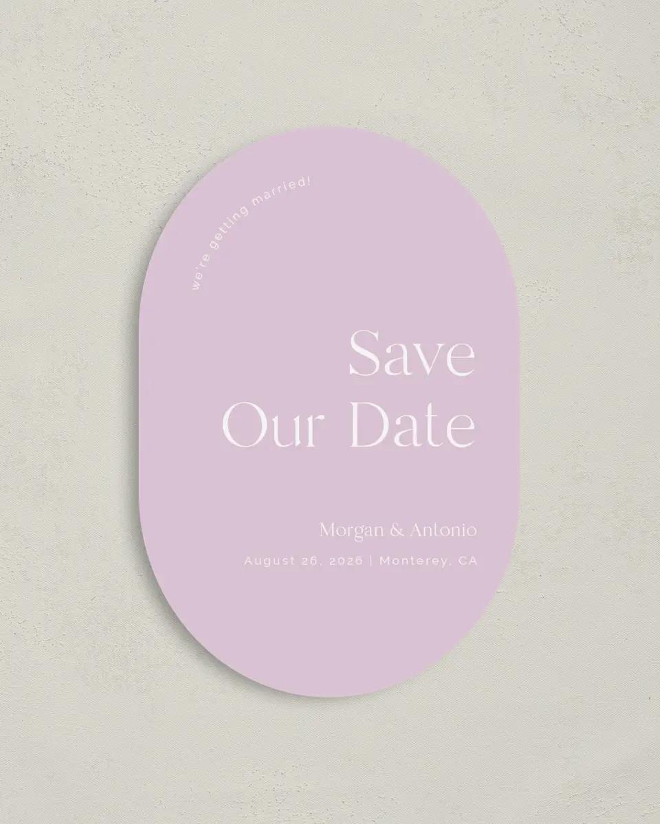 This is a 4" x 6" Oval Save the Dates (Petite) called The Morgan printed in full color on Luxe Satin paper