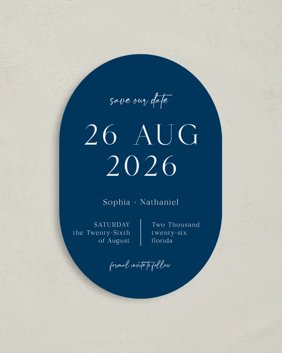 This is a 4" x 6" Oval Save the Dates (Petite) called The Sophia printed in full color with Gold foil on Luxe Satin paper
