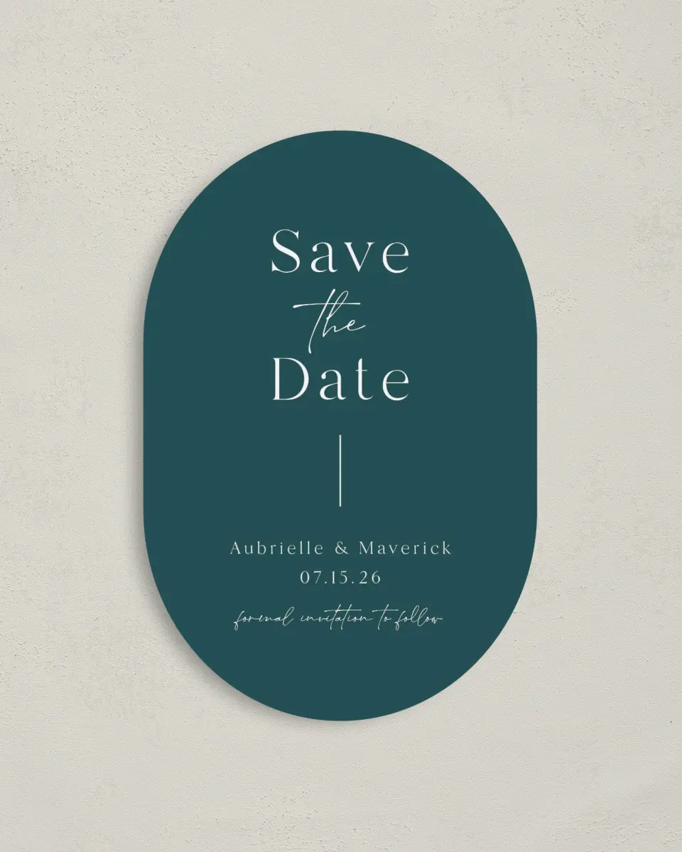 This is a 4" x 6" Oval Save the Dates (Petite) called The Aubrielle printed in full color with Gold foil on Luxe Satin paper