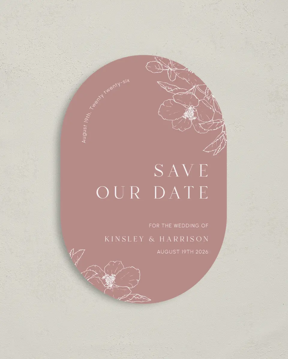 This is a 4" x 6" Oval Save the Dates (Petite) called The Kinsley printed in full color on Luxe Satin paper