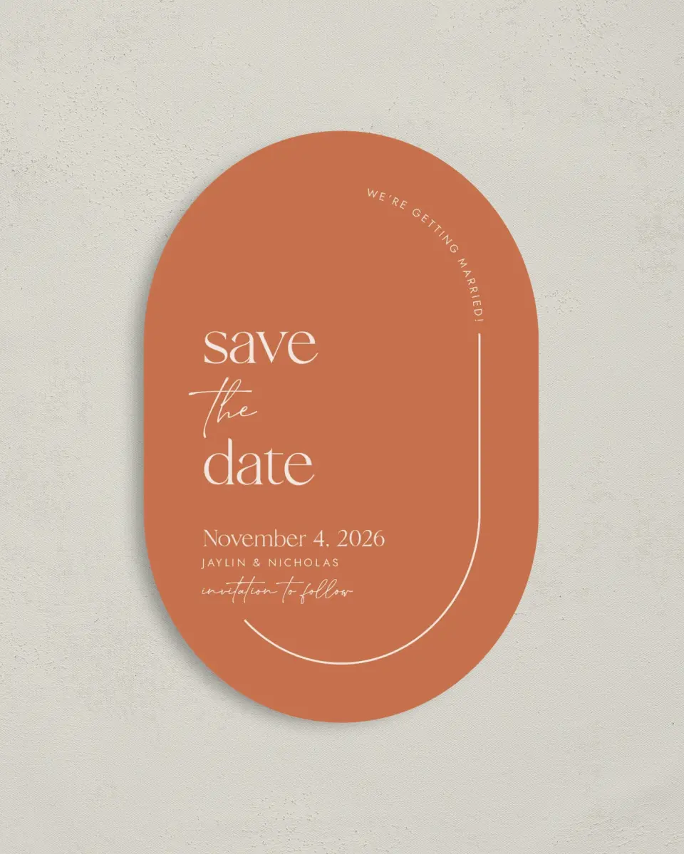 This is a 4" x 6" Oval Save the Dates (Petite) called The Jaylin printed in full color with Rose Gold foil on Luxe Satin paper