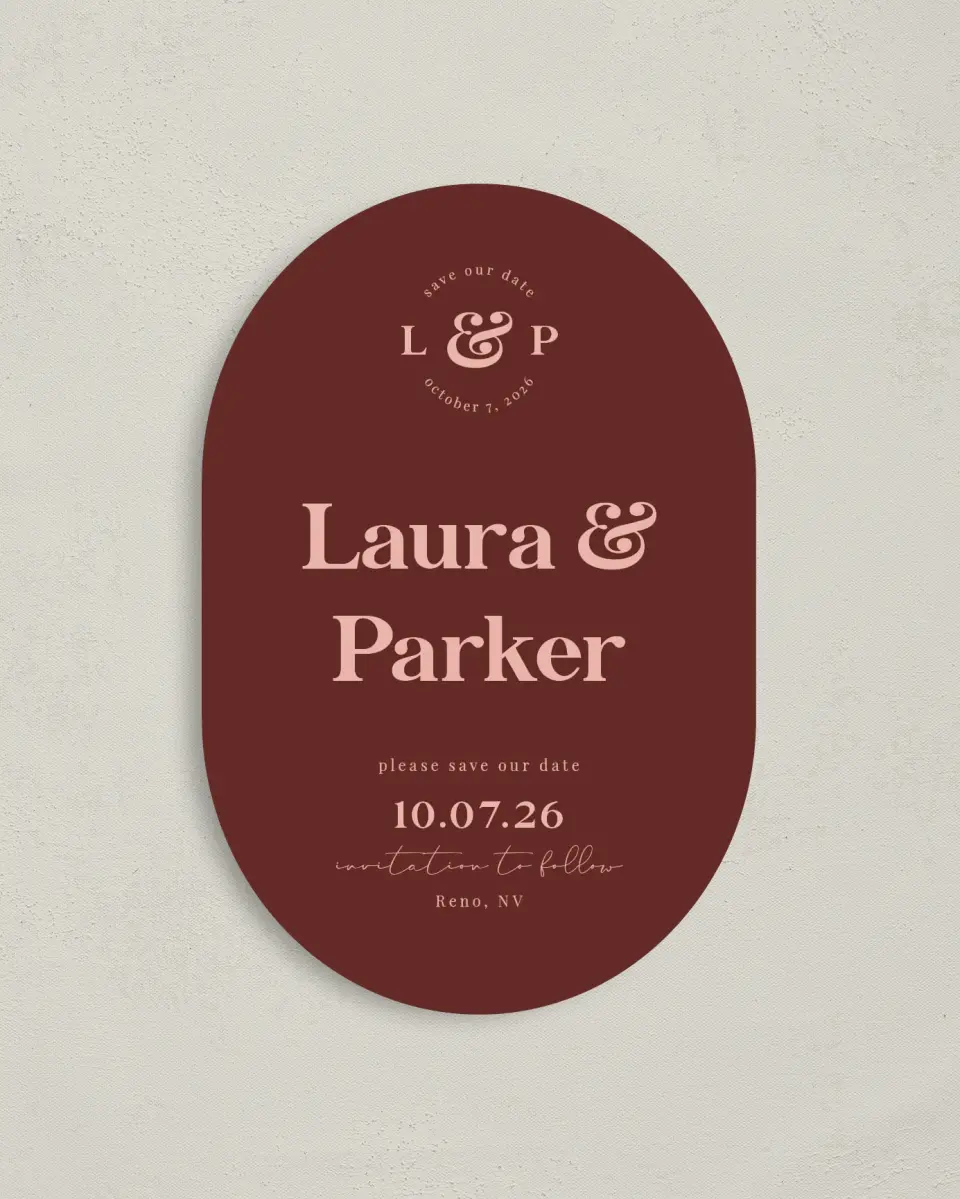 This is a 4" x 6" Oval Save the Dates (Petite) called The Laura printed in full color with Silver foil on Luxe Satin paper