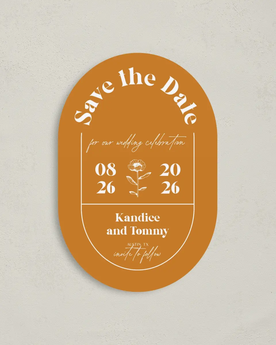 This is a 4" x 6" Oval Save the Dates (Petite) called The Kandice printed in full color on Luxe Satin paper