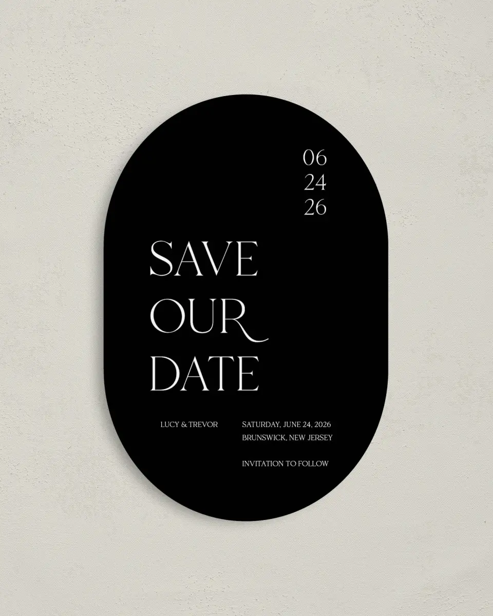 This is a 4" x 6" Oval Save the Dates (Petite) called The Lucy printed in full color with Gold foil on Luxe Satin paper