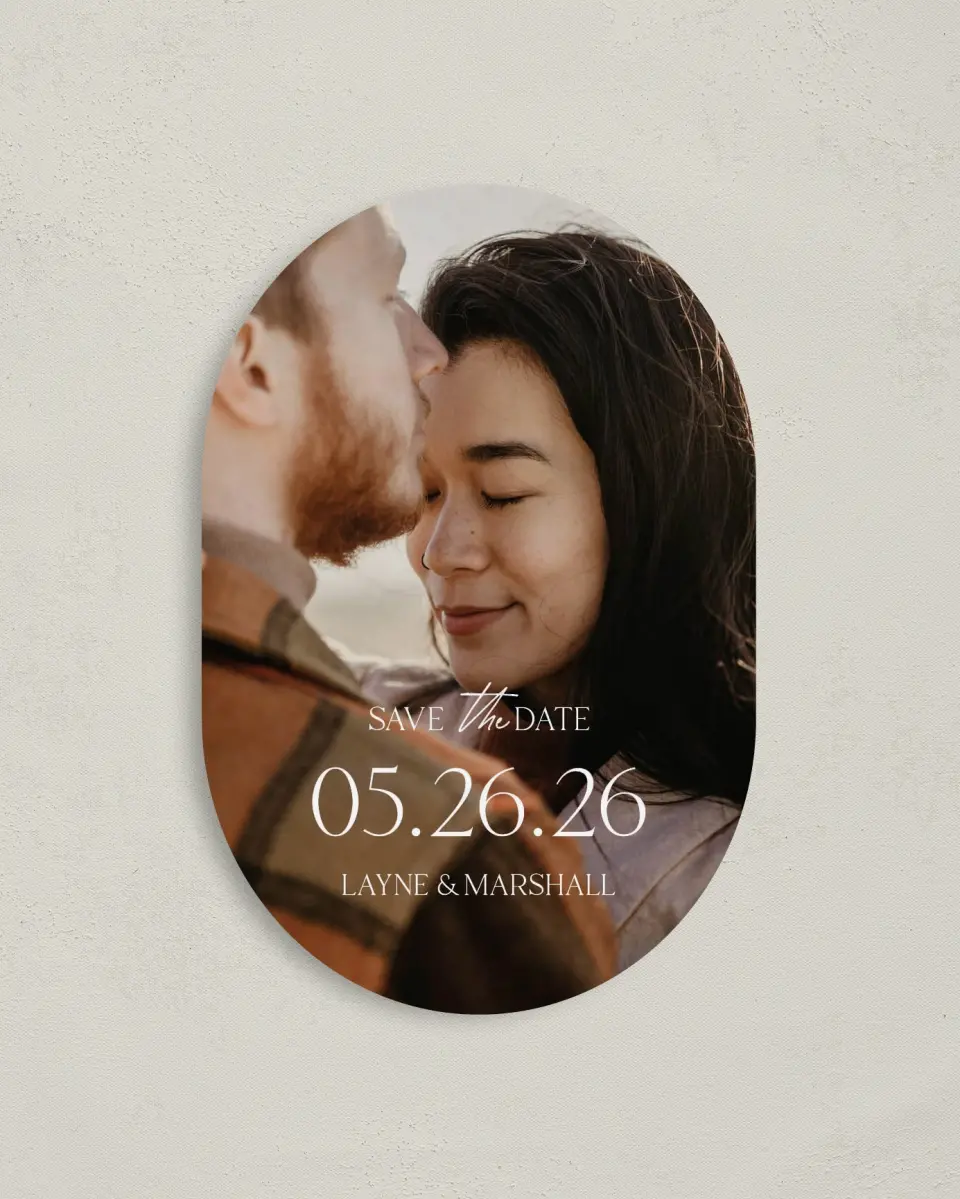 This is a 4" x 6" Oval Save the Dates (Petite) called Loves Lane printed in full color with Gold foil on Luxe Satin paper