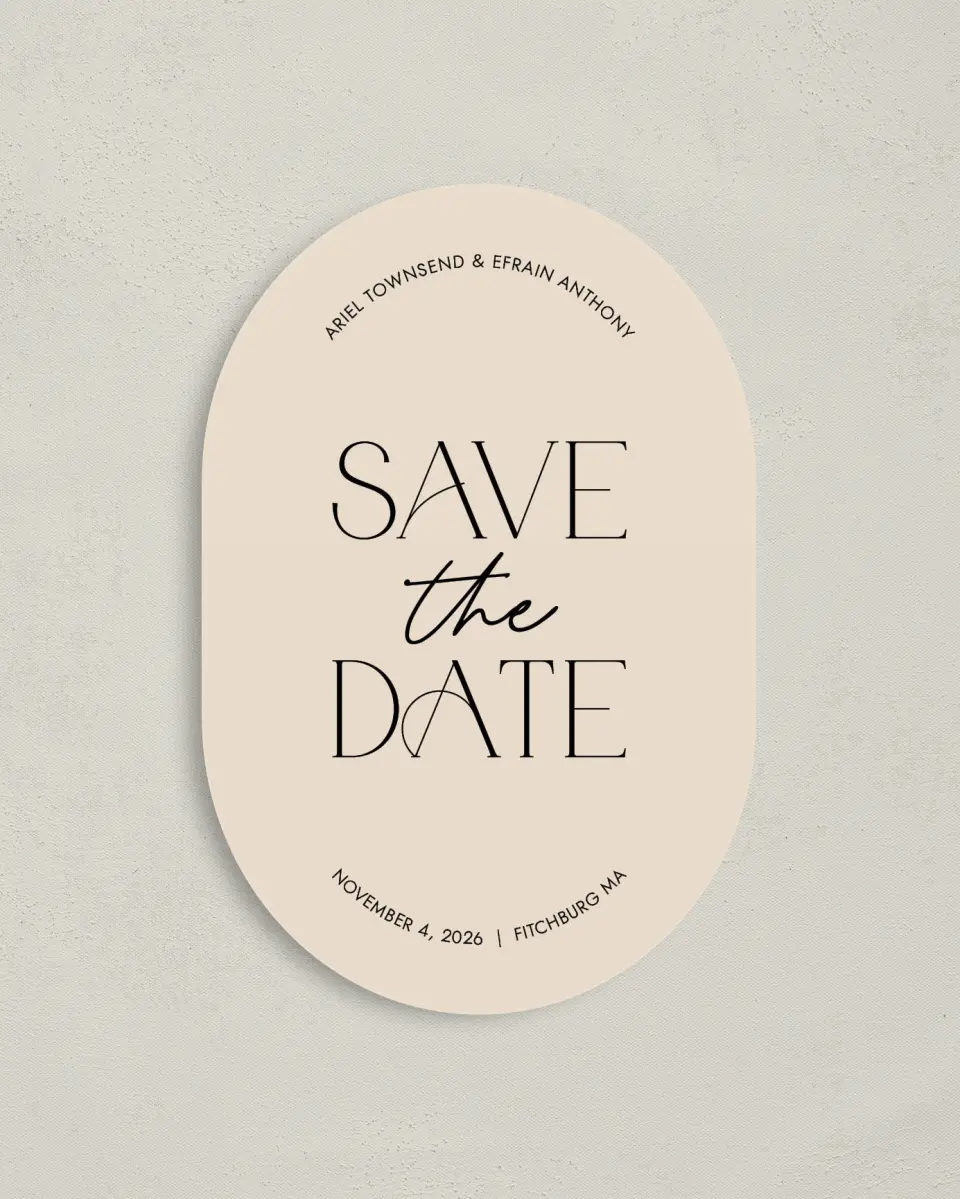This is a 4" x 6" Oval Save the Dates (Petite) called Wild Love printed in full color with Gold foil on Luxe Satin paper
