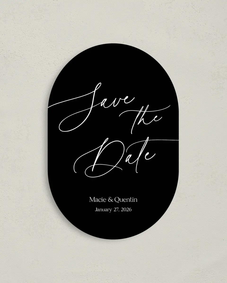 This is a 4" x 6" Oval Save the Dates (Petite) called Impressive Mount printed in full color on Luxe Satin paper