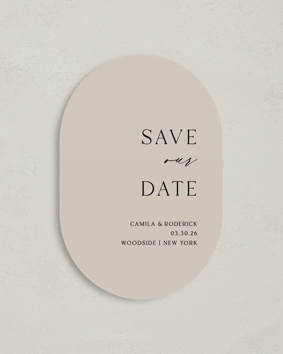 This is a 4" x 6" Oval Save the Dates (Petite) called Simple Elegance printed in full color with Gold foil on Luxe Satin paper