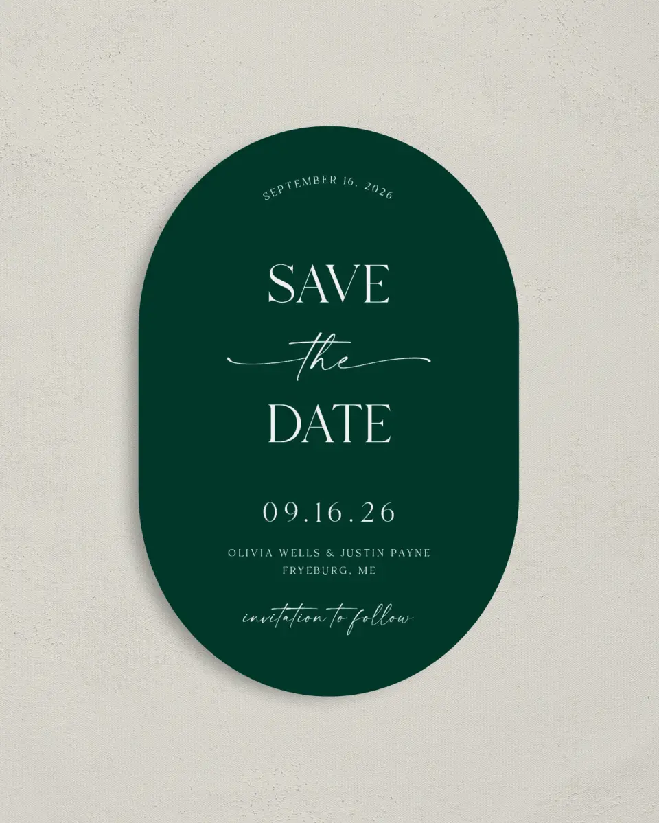 This is a 4" x 6" Oval Save the Dates (Petite) called The Olivia printed in full color on Luxe Satin paper
