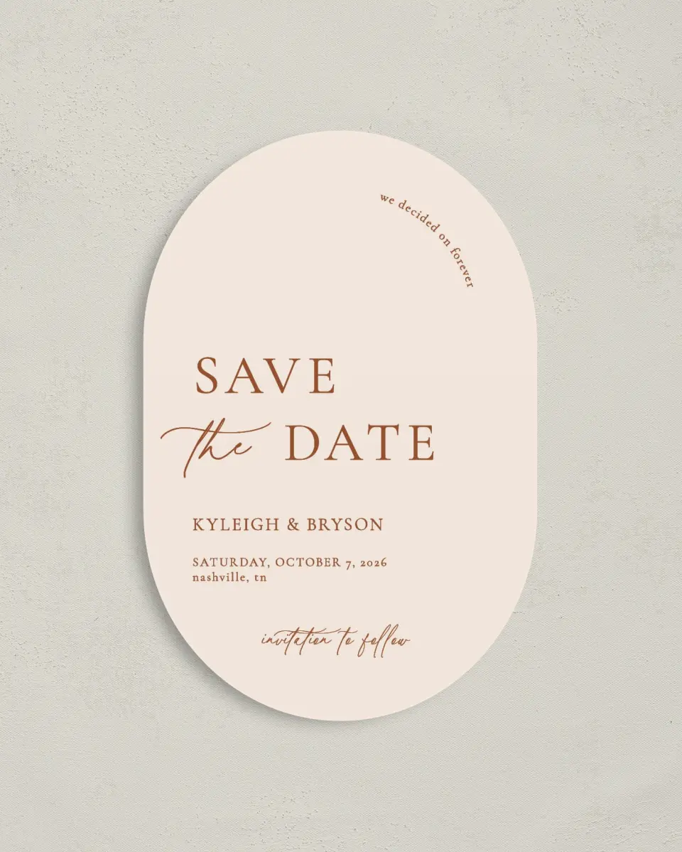 This is a 4" x 6" Oval Save the Dates (Petite) called The Kyleigh printed in full color on Luxe Satin paper