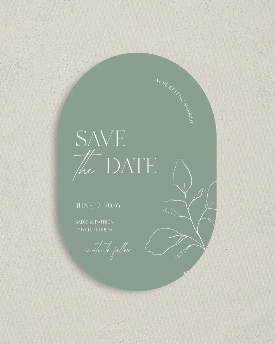 This is a 4" x 6" Oval Save the Dates (Petite) called The Sadie printed in full color on Luxe Satin paper