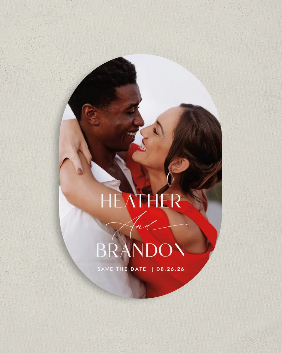 This is a 4" x 6" Oval Save the Dates (Petite) called Neat Names printed in full color on Luxe Satin paper