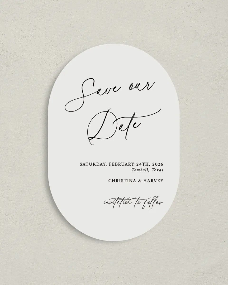 This is a 4" x 6" Oval Save the Dates (Petite) called The Christina printed in full color on Luxe Satin paper