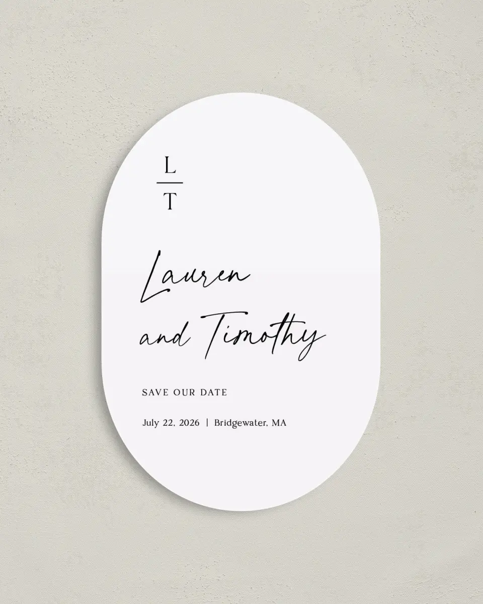 This is a 4" x 6" Oval Save the Dates (Petite) called The Lauren printed in full color on Luxe Satin paper