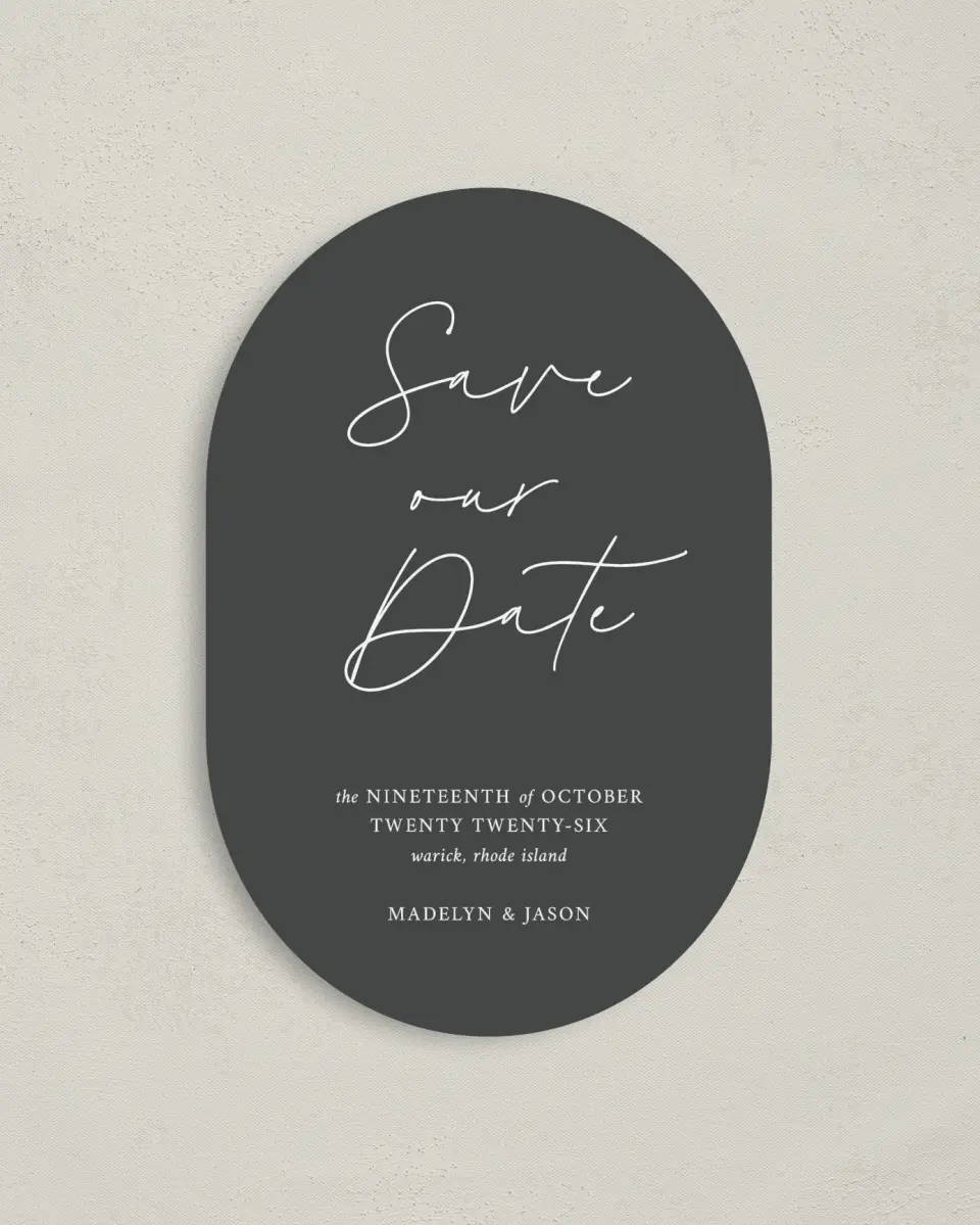 This is a 4" x 6" Oval Save the Dates (Petite) called The Madelyn printed in full color on Luxe Satin paper