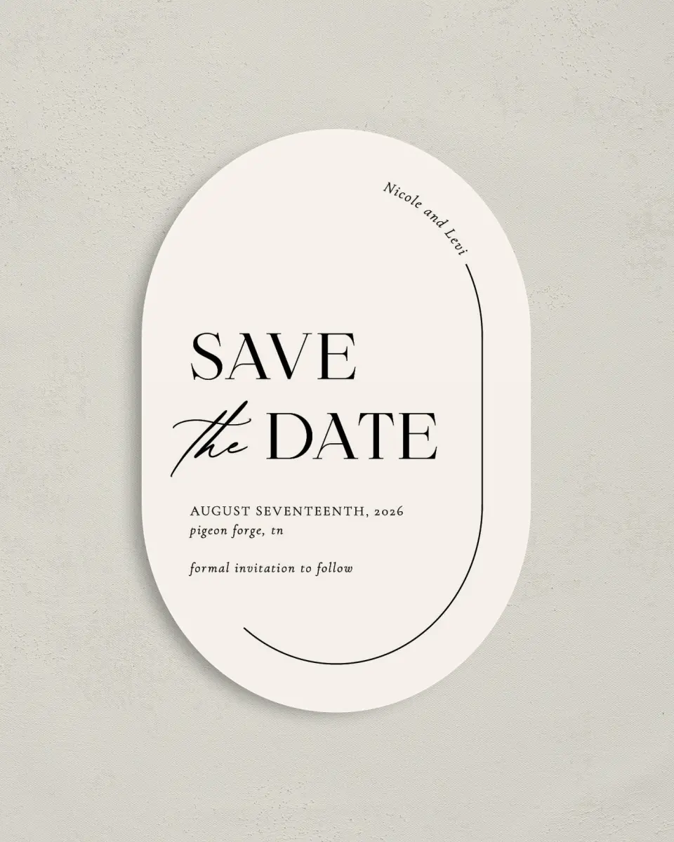 This is a 4" x 6" Oval Save the Dates (Petite) called The Nicole printed in full color on Luxe Satin paper