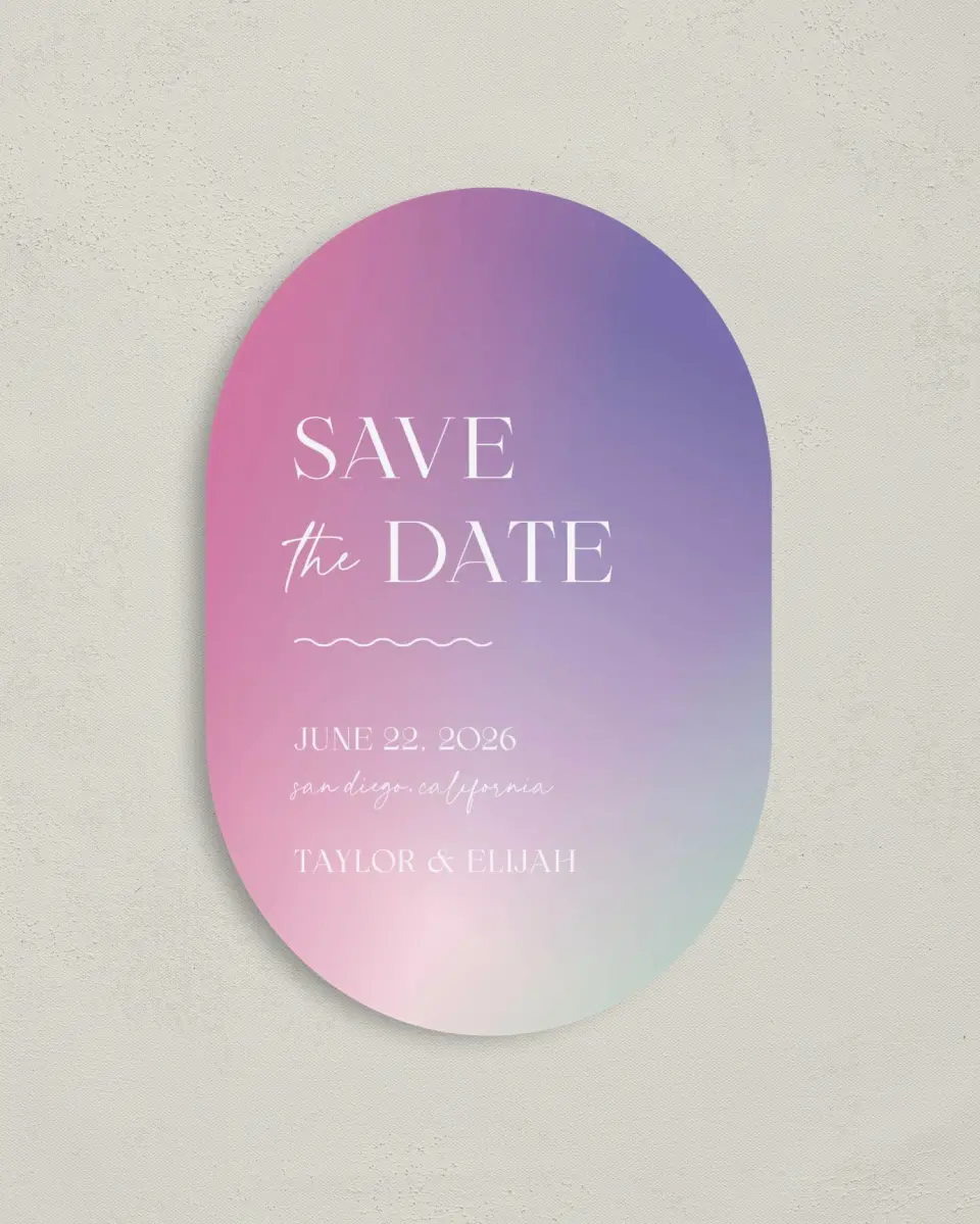 This is a 4" x 6" Oval Save the Dates (Petite) called The Taylor printed in full color with Gold foil on Luxe Satin paper