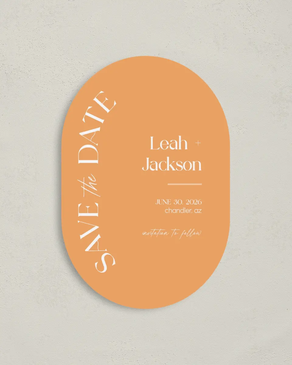This is a 4" x 6" Oval Save the Dates (Petite) called The Leah printed in full color on Luxe Satin paper