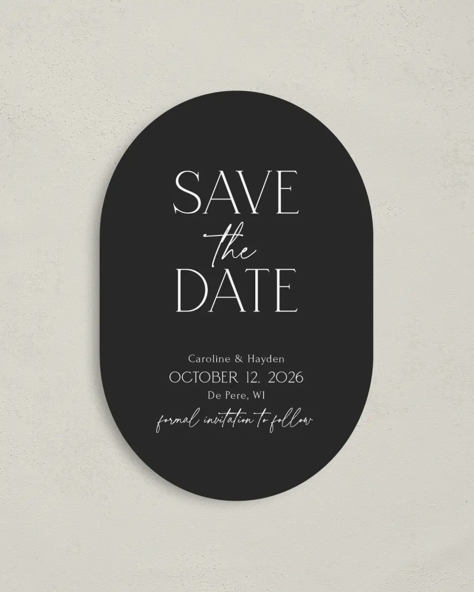 This is a 4" x 6" Oval Save the Dates (Petite) called The Caroline printed in full color with Gold foil on Luxe Satin paper