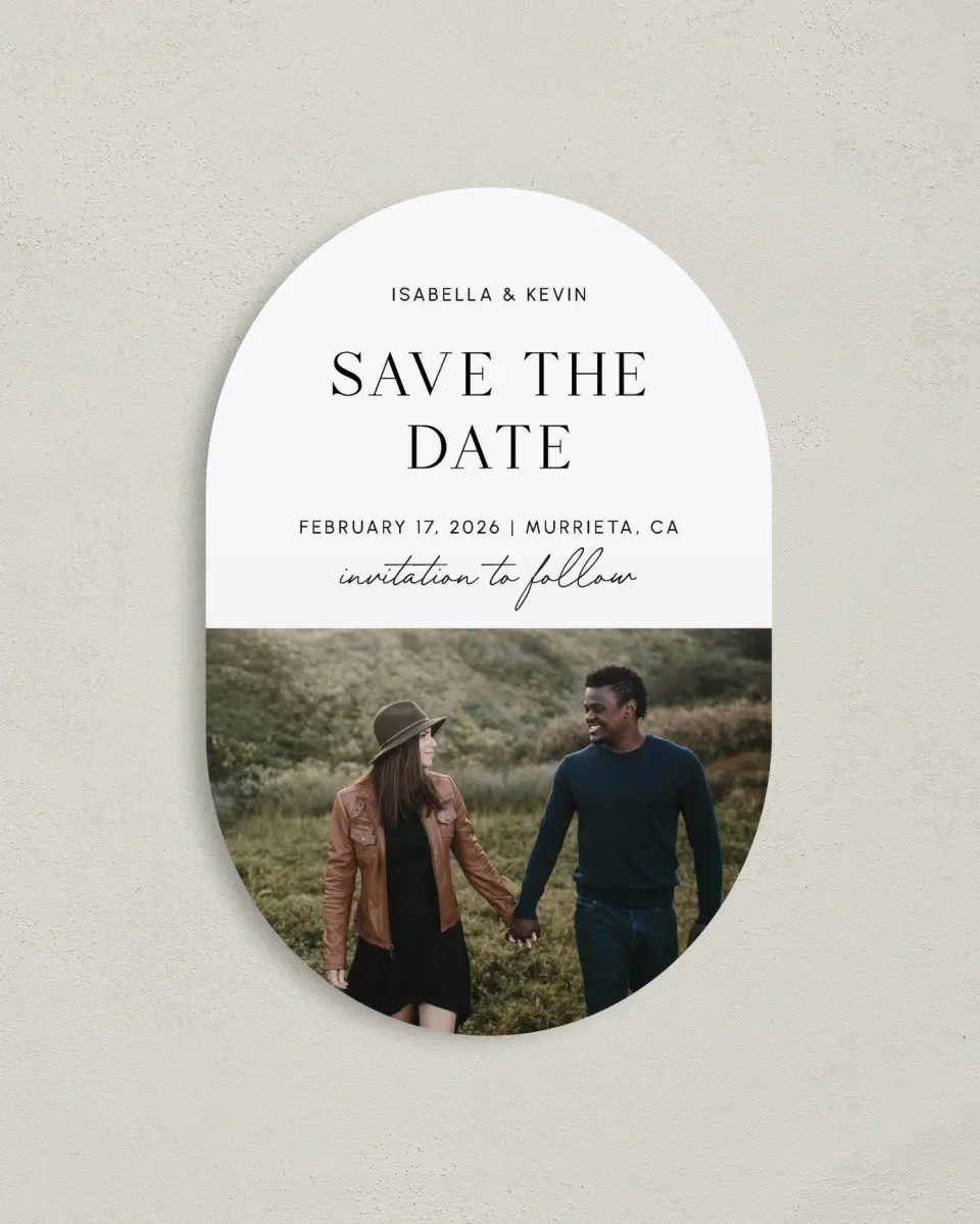 This is a 4" x 6" Oval Save the Dates (Petite) called The Isabella printed in full color on Luxe Satin paper