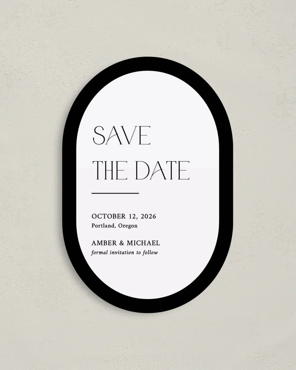 This is a 4" x 6" Oval Save the Dates (Petite) called The Amber printed in full color on Luxe Satin paper