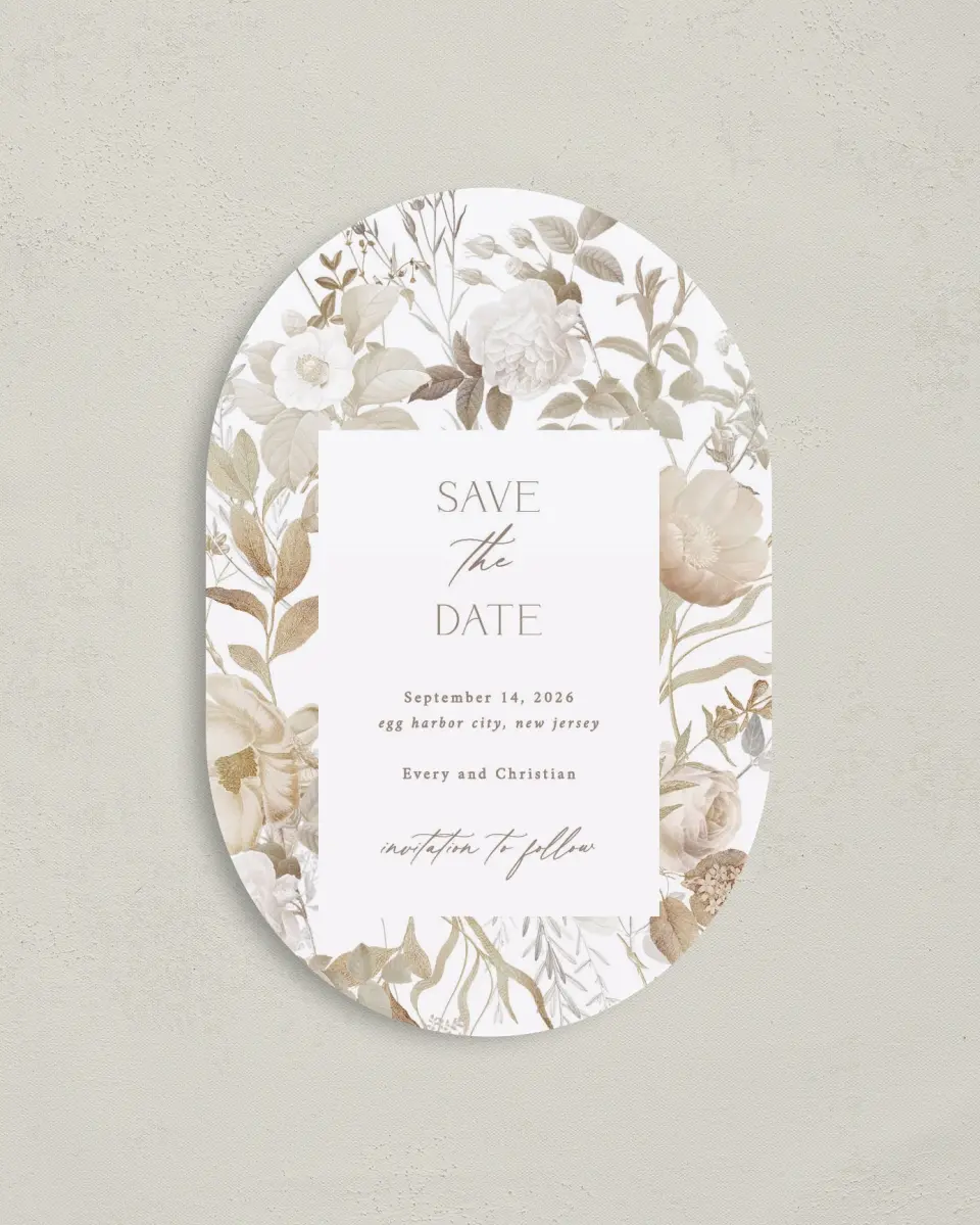 This is a 4" x 6" Oval Save the Dates (Petite) called The Everly printed in full color on Luxe Satin paper