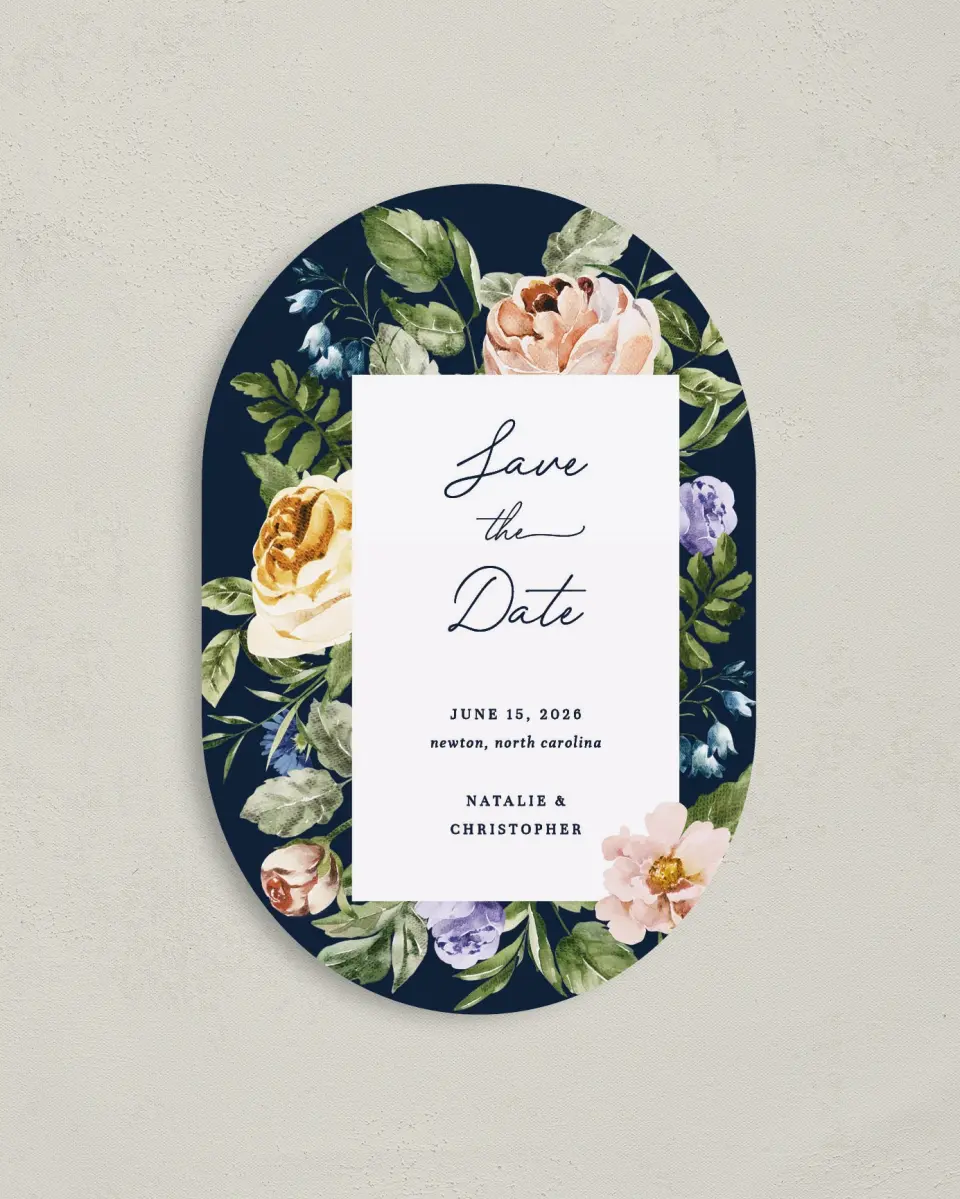This is a 4" x 6" Oval Save the Dates (Petite) called The Natalie printed in full color with Gold foil on Luxe Satin paper