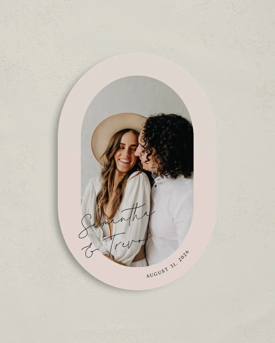 This is a 4" x 6" Oval Save the Dates (Petite) called The Samantha printed in full color on Luxe Satin paper