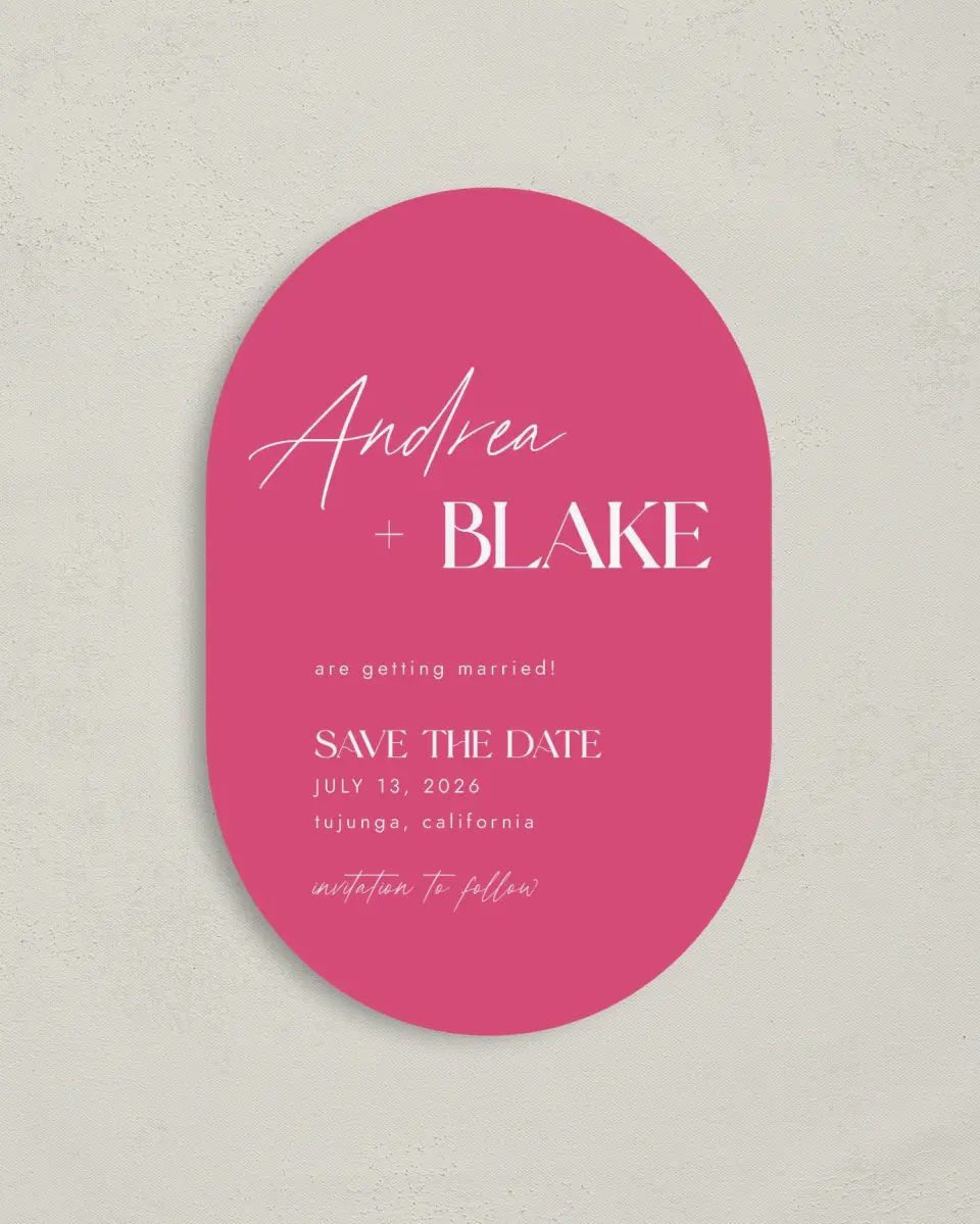 This is a 4" x 6" Oval Save the Dates (Petite) called The Andrea printed in full color on Luxe Satin paper