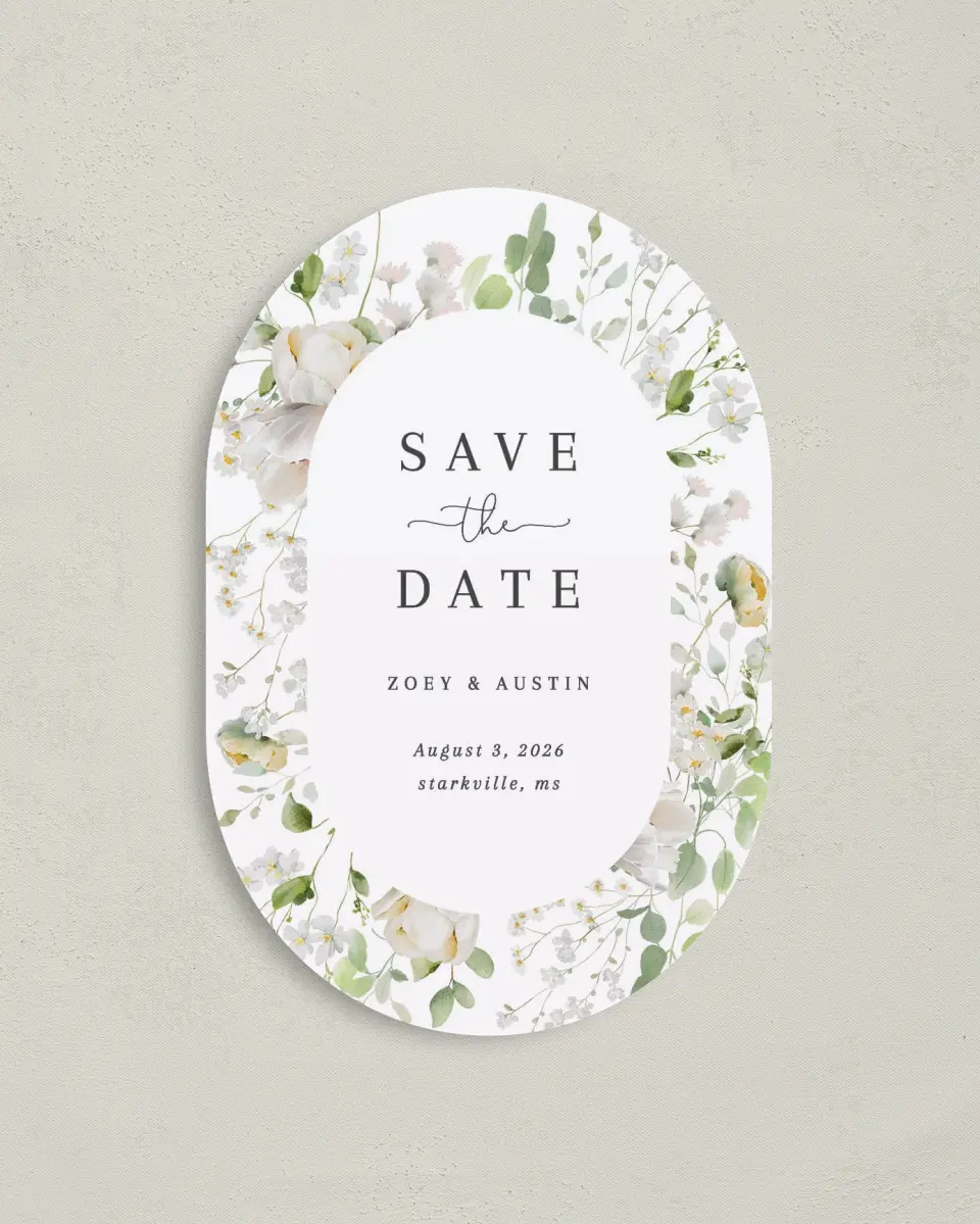 This is a 4" x 6" Oval Save the Dates (Petite) called The Zoey printed in full color with Gold foil on Luxe Satin paper