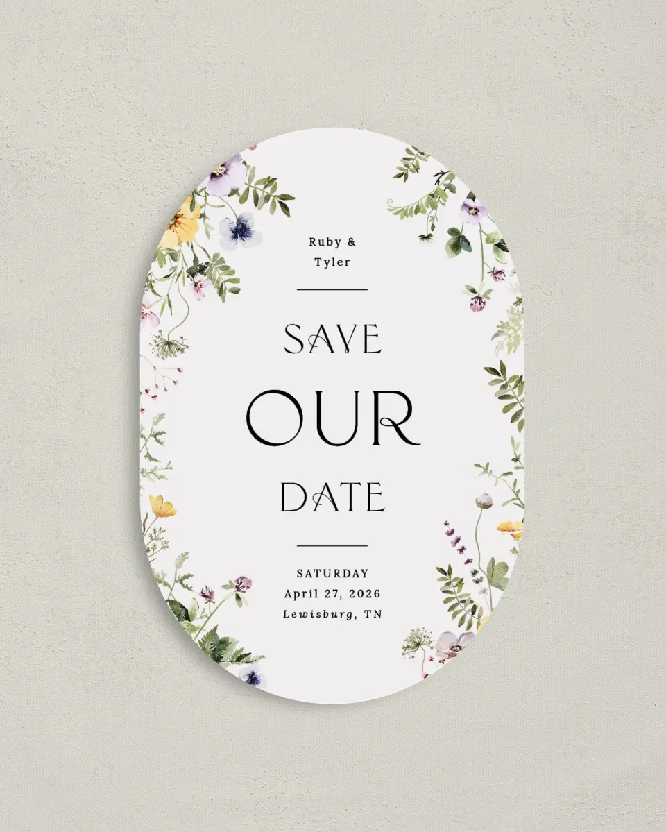 This is a 4" x 6" Oval Save the Dates (Petite) called The Ruby printed in full color on Luxe Satin paper