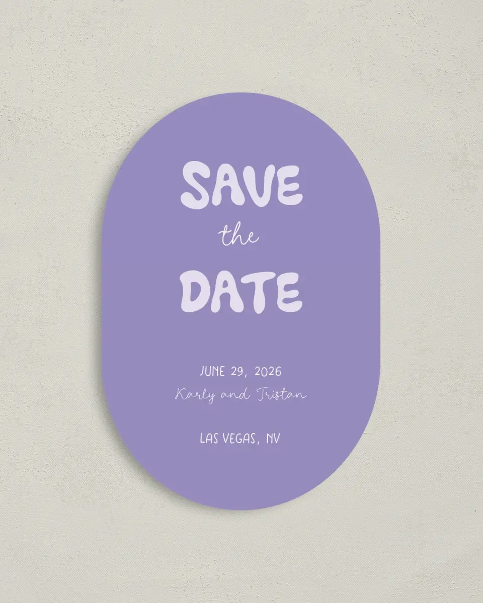 This is a 4" x 6" Oval Save the Dates (Petite) called The Karly printed in full color on Luxe Satin paper