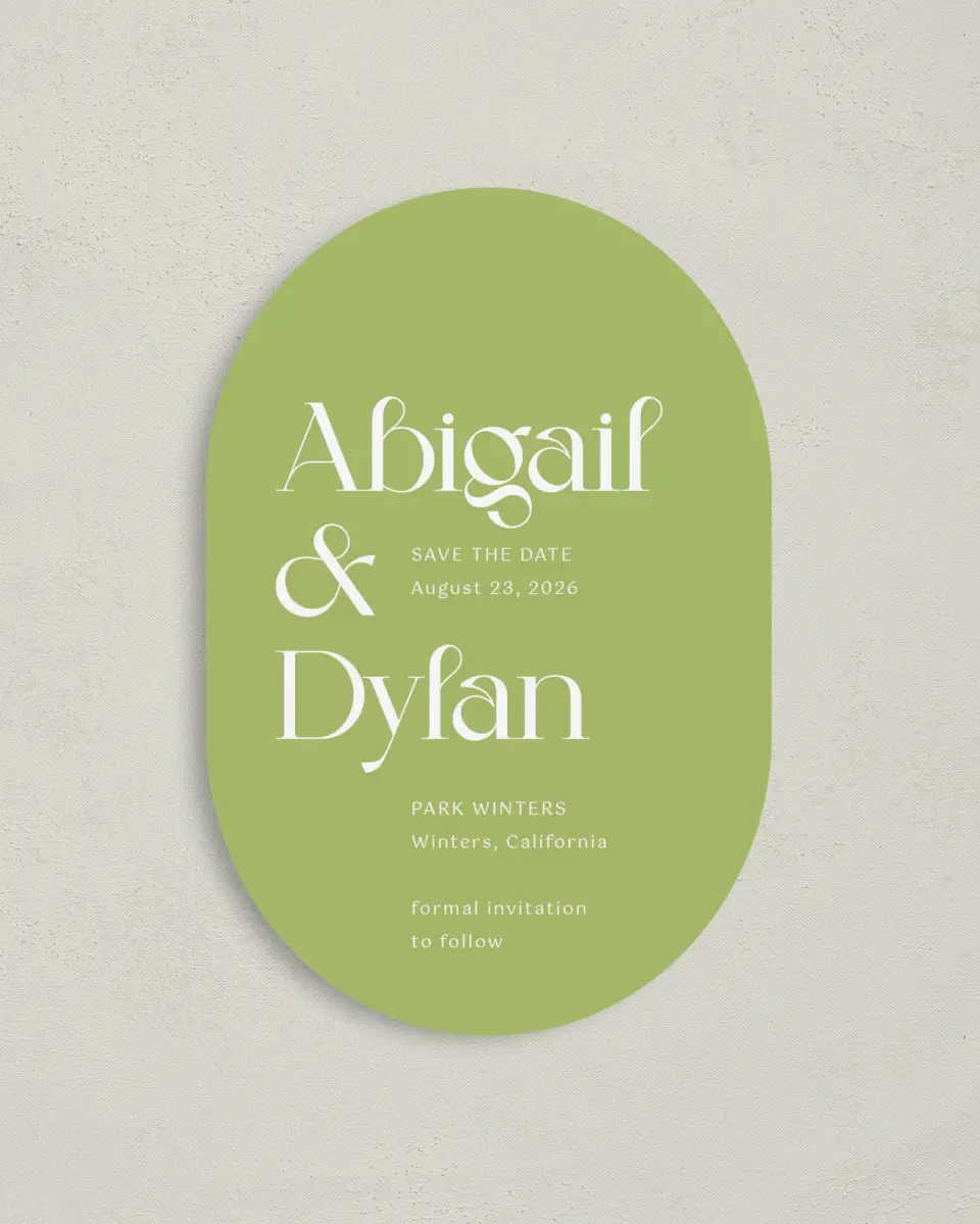 This is a 4" x 6" Oval Save the Dates (Petite) called The Abigail printed in full color on Luxe Satin paper
