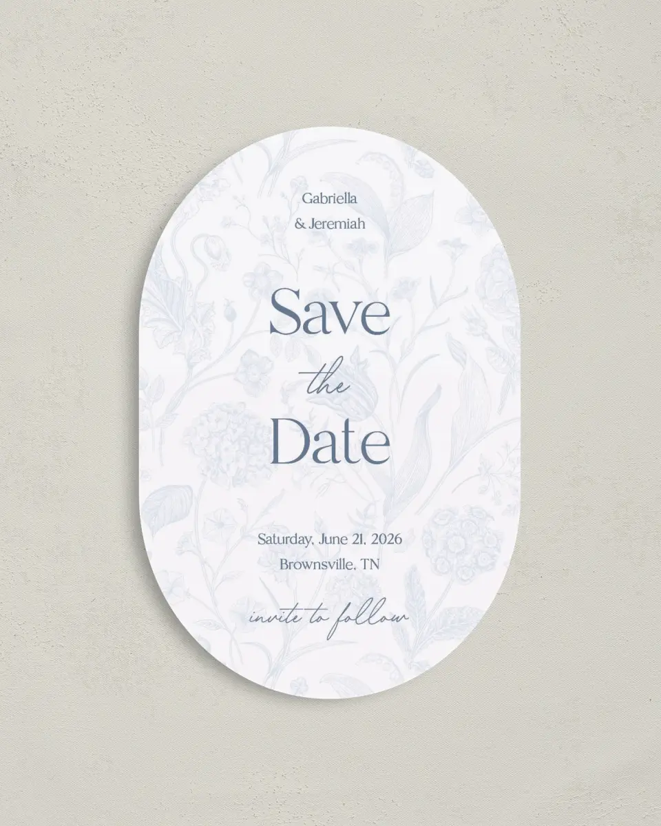 This is a 4" x 6" Oval Save the Dates (Petite) called The Gabriella printed in full color on Luxe Satin paper