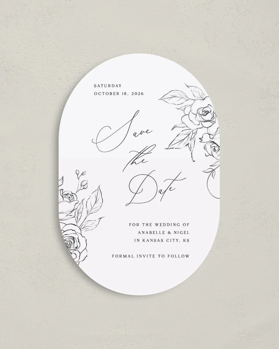 This is a 4" x 6" Oval Save the Dates (Petite) called The Anabelle printed in full color on Luxe Satin paper