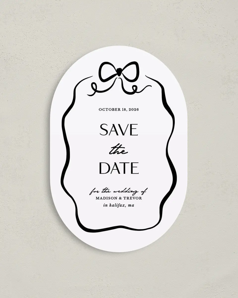 This is a 4" x 6" Oval Save the Dates (Petite) called The Madison printed in full color on Luxe Satin paper