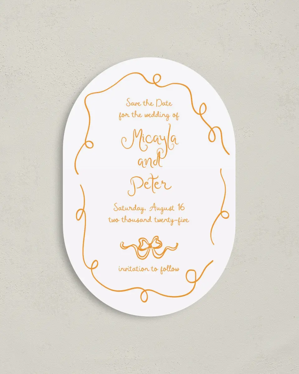 This is a 4" x 6" Oval Save the Dates (Petite) called The Micayla printed in full color with Gold foil on Luxe Satin paper