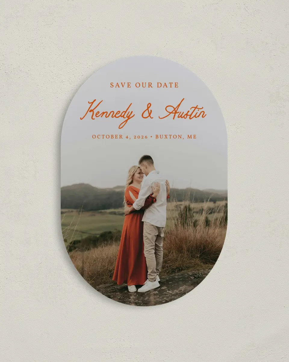 This is a 4" x 6" Oval Save the Dates (Petite) called The Kennedy printed in full color on Luxe Satin paper