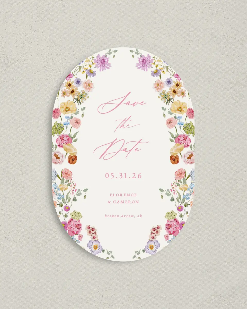 This is a 4" x 6" Oval Save the Dates (Petite) called The Florence printed in full color with Gold foil on Luxe Satin paper