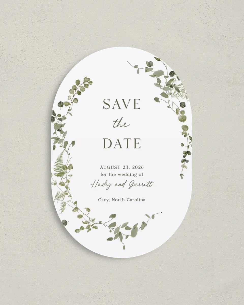 This is a 4" x 6" Oval Save the Dates (Petite) called The Hailey printed in full color on Luxe Satin paper
