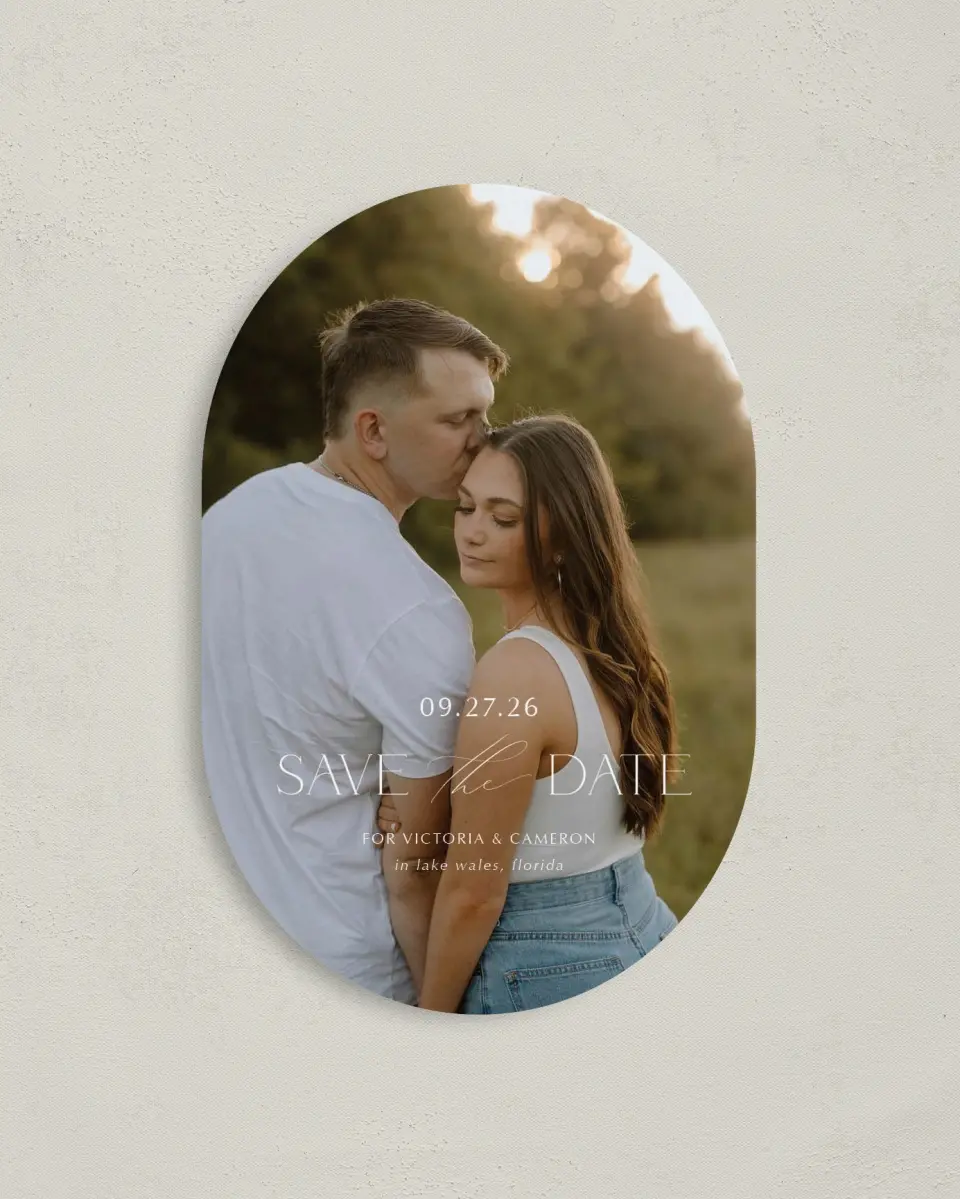 This is a 4" x 6" Oval Save the Dates (Petite) called The Victoria printed in full color on Luxe Satin paper