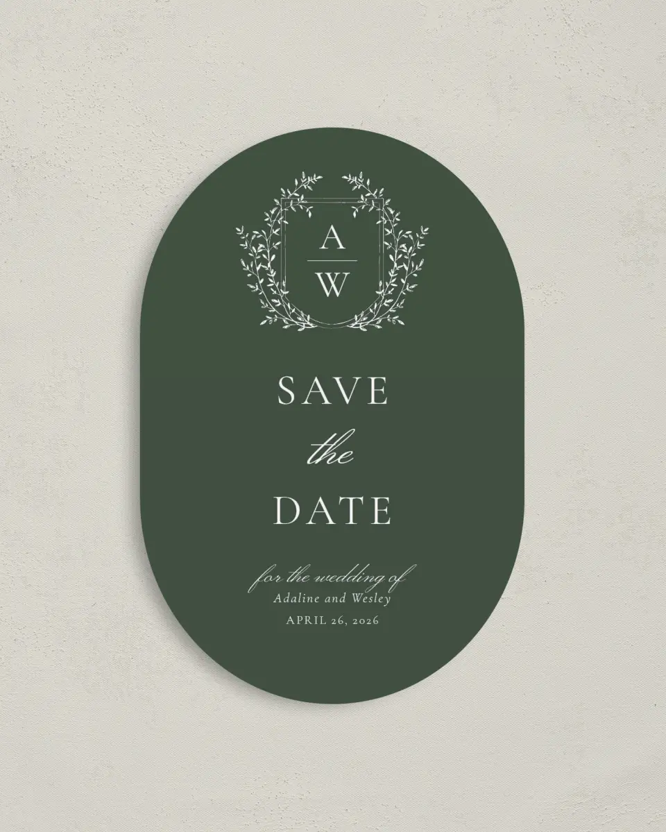 This is a 4" x 6" Oval Save the Dates (Petite) called The Adaline printed in full color on Luxe Satin paper