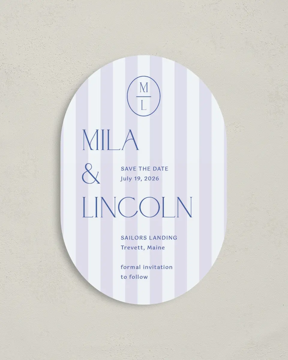 This is a 4" x 6" Oval Save the Dates (Petite) called The Mila printed in full color on Luxe Satin paper