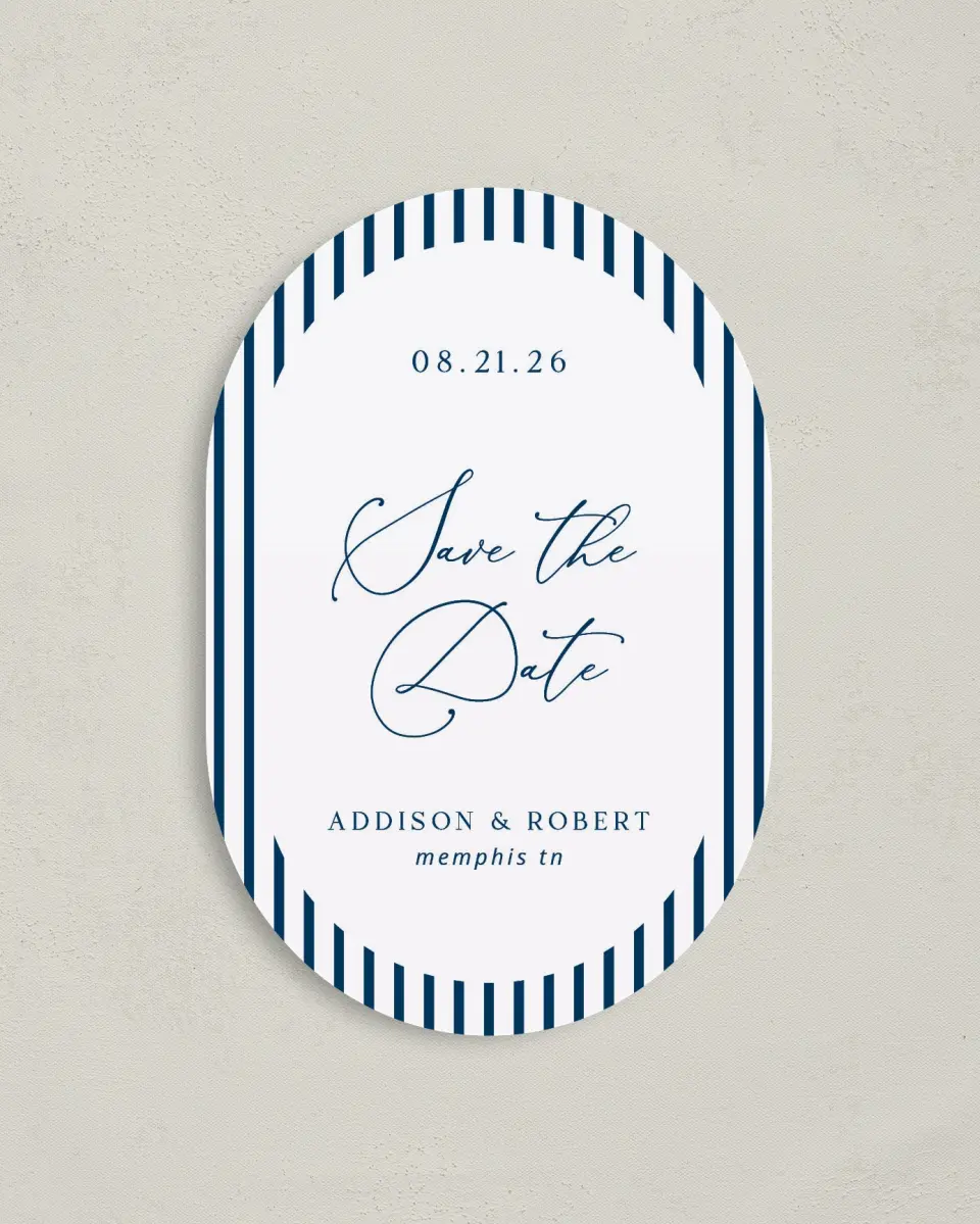 This is a 4" x 6" Oval Save the Dates (Petite) called The Addison printed in full color on Luxe Satin paper